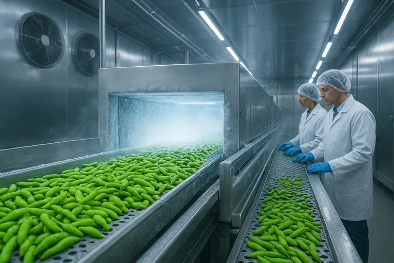 Inside a food plant, bright green edamame pods travel on a stainless steel conveyor into an IQF tunnel freezer with cold mist and frost, while workers in white PPE monitor the line.