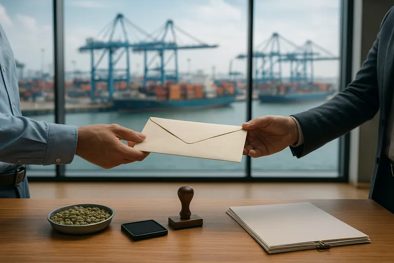 Inside a modern carrier office in Singapore, two professionals exchange a stack of plain documents and a sealed envelope on a desk with a tray of green coffee beans, while large windows reveal cranes and a container ship outside.