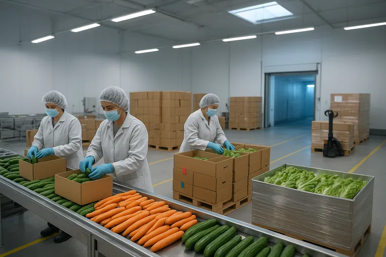 Inside a modern vegetable packhouse, workers in clean attire grade and pack cucumbers and carrots on stainless conveyors, with color‑coded pallet tags and a visible pre-cool tunnel, emphasizing traceability and lot segregation.
