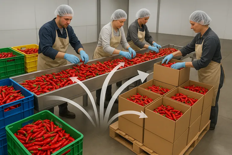 Inside a packhouse, peppers from multiple colored crate groups converge onto one packing line where workers pack into plain cartons, visually showing many harvests merging into one output.
