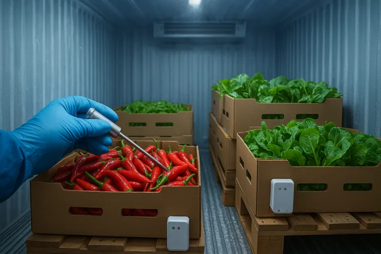 À l’intérieur d’un conteneur frigorifique, un opérateur ganté vérifie la température de pulpe des piments rouges tandis qu’une paire de petits enregistreurs de données est fixée aux palettes ; une brume froide et un léger givre suggèrent des conditions de froid stables.