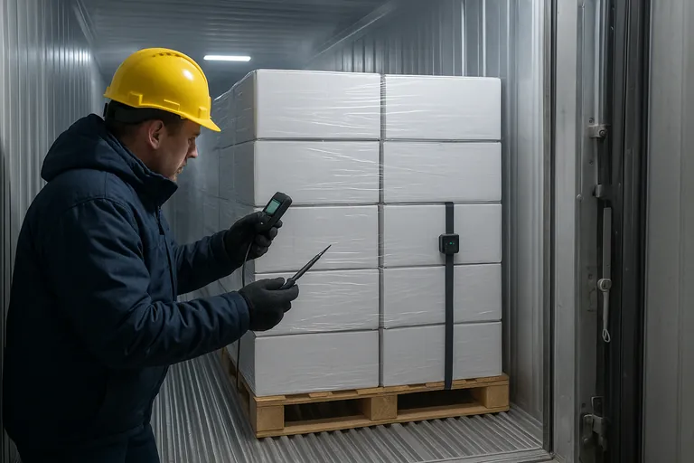 Inside a reefer container during stuffing: plain white, shrink-wrapped cartons of frozen seafood on pallets with a clear door-side air channel, two small data loggers placed door-side and near the load center, a worker in cold‑room gear checking product temperature, and a high‑security bolt seal ready at the door latch.