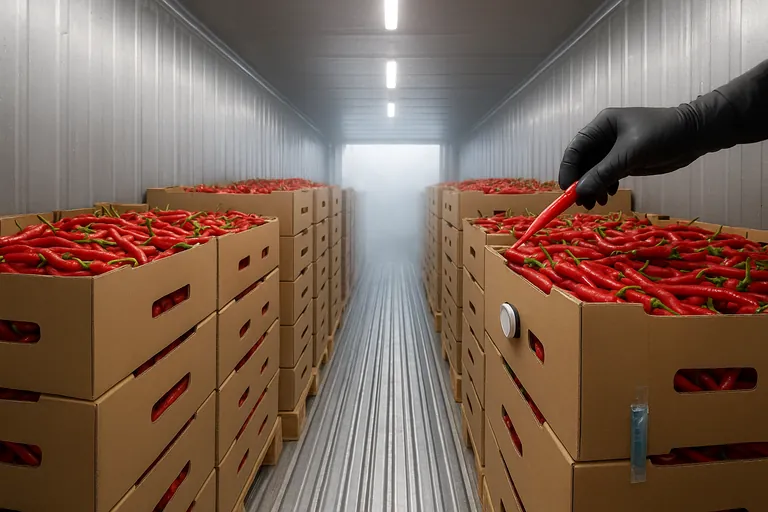 冷蔵コンテナ内部、パレット上の通気カートンに入った赤唐辛子とセンサーおよび均等冷却のために配置されたジェルパック