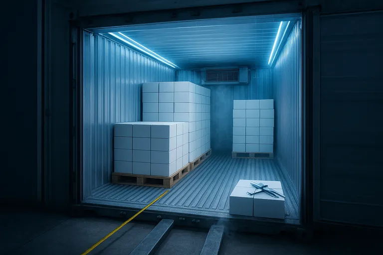 Inside a refrigerated shipping container, neatly stacked pallets of frozen cartons with a measuring tape and calipers on a carton, illustrating how small changes in carton height and load density affect costs.