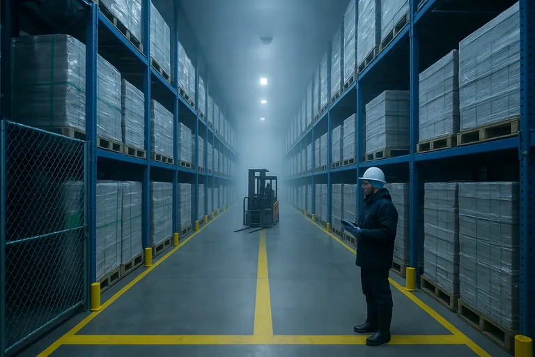 Inside a refrigerated warehouse, green-tagged pallets are stored on racks on the left and neutral pallets on the right, divided by bold yellow floor lines and a locked gate; a storekeeper in cold-room PPE checks the segregated area while light mist hangs in the air.