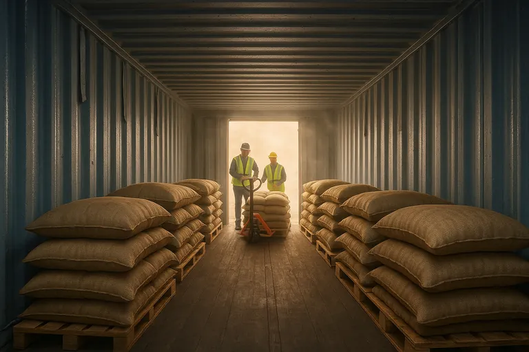 Inside a shipping container during coffee loading, pallets of burlap bags sit on wooden dunnage with clear gaps from the walls, desiccant strips hang from the ceiling, and tiny droplets of condensation glisten on the steel as warm morning light spills in from the open doors.