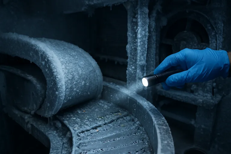 Inside a spiral freezer: frosted belt returns and drive drum with small frozen vegetable fragments trapped in ice, defrost water channels beading with droplets as a gloved hand illuminates the area with a flashlight.