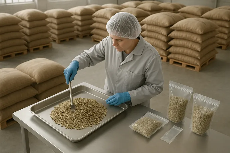 Inside a warehouse, a technician composites green coffee samples from multiple jute sacks using a long sampling probe, mixing the beans in a clean stainless tray and dividing them into sealed portions.
