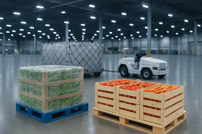 Inside an airport cargo terminal, a plastic pallet with leafy greens stands next to a wooden pallet with tomatoes and carrots, with an aircraft cargo container and tow tractor in the background.