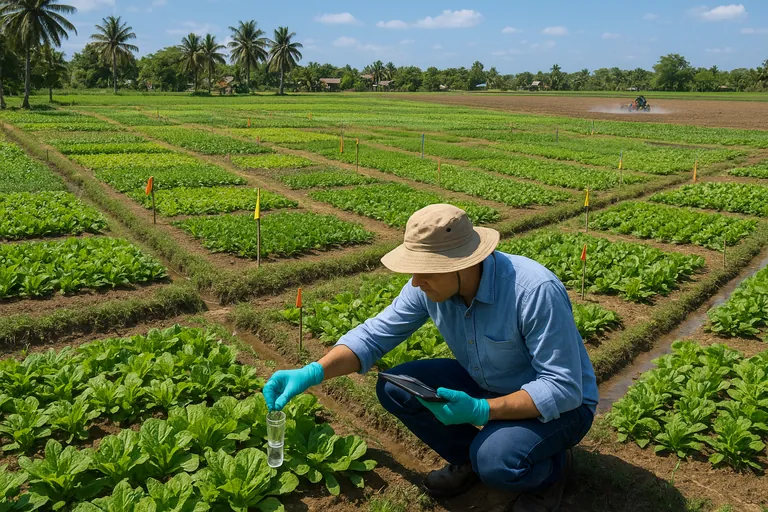 Inspector in a patchwork of Indonesian smallholder vegetable fields uses a tablet while collecting leaf samples; buffer zones are marked with colored flags and tape along field edges.