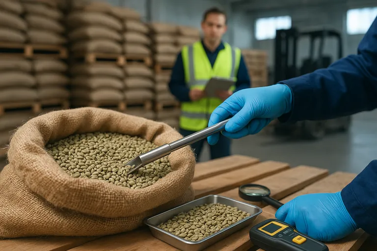 Inspector in gloves draws a sample of green coffee beans from an open burlap sack using a sampling probe while another worker observes in a port warehouse with pallets and a forklift in the background.
