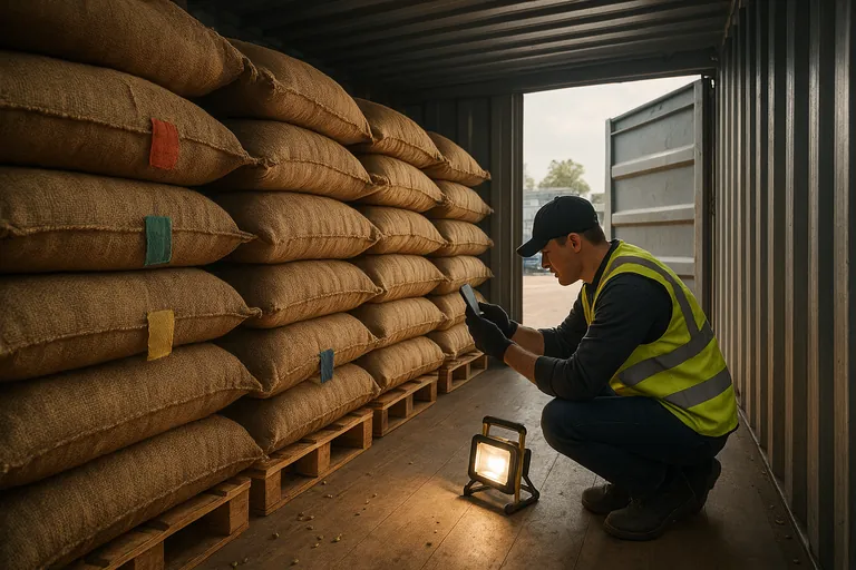 Inspector inside an open shipping container photographing stacked burlap coffee sacks with colored tags during stuffing to document lot markings.