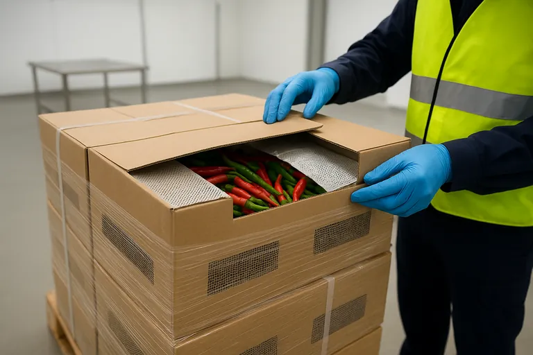 Inspector wearing gloves checks insect-proof mesh vents and tamper-evident seals on cartons of fresh chillies stacked on a pallet in a bright warehouse inspection area.