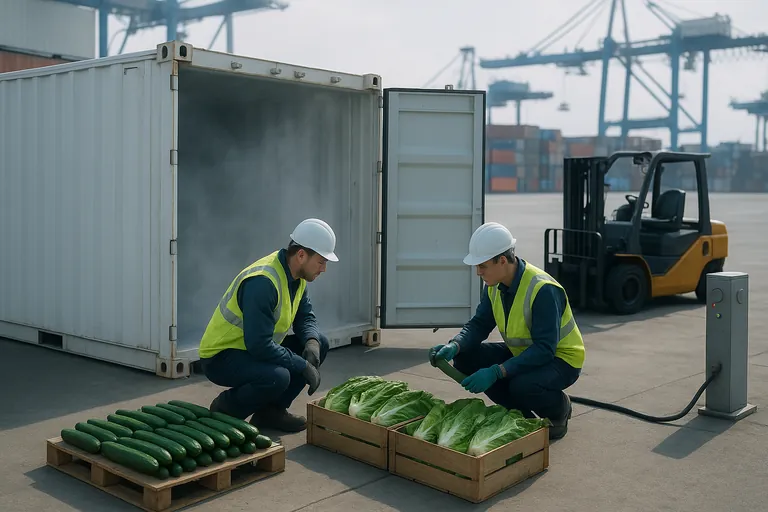 ターミナルの検査ベイでパレットのきゅうりと葉物野菜を検査する検査官たち。冷蔵コンテナが電源柱にプラグインされたまま開扉され、冷気が漂い、背景に港のクレーンが見える。