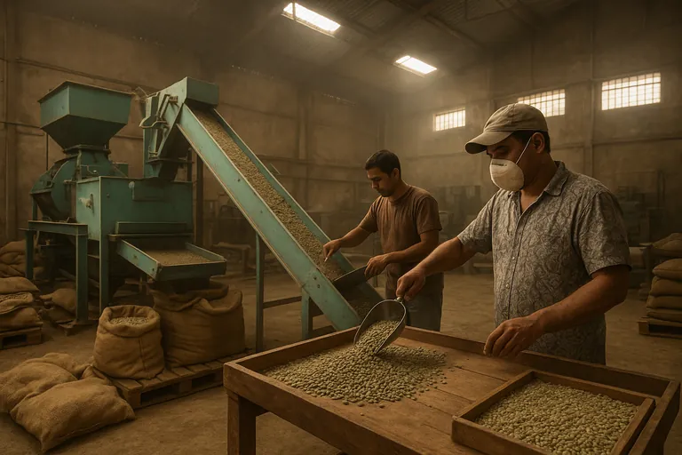 Interior of a coffee dry mill with hulling machines, conveyors, and workers filling burlap sacks with green beans under soft daylight.