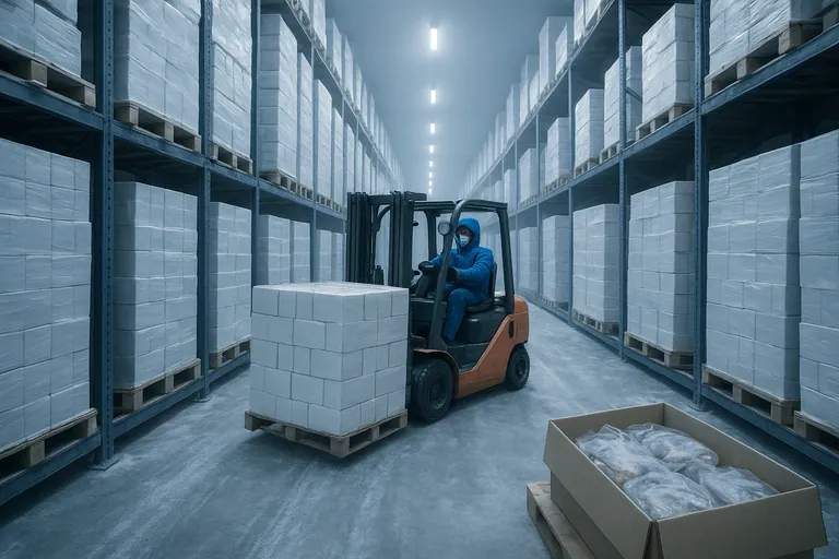 Interior of a cold-storage freezer with frosty air, stacked pallets of plain white cartons, and a worker in insulated gear operating a forklift down a long icy aisle.