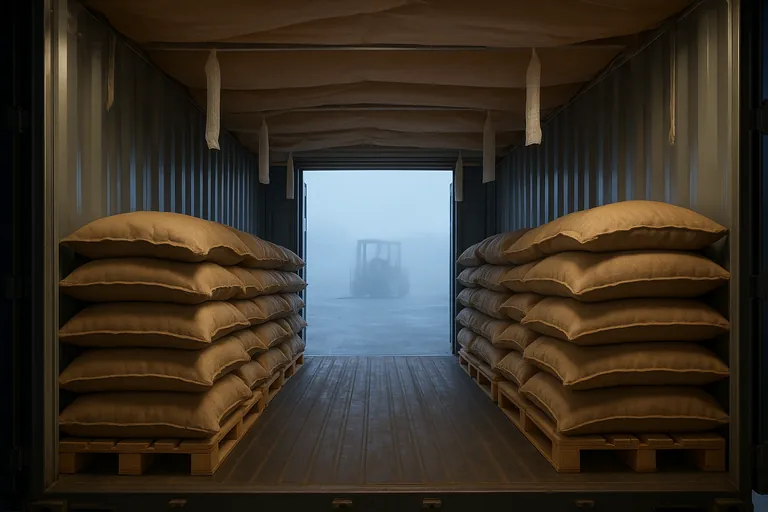 Interior of a partially loaded shipping container showing kraft-paper roof lining, evenly spaced hanging desiccant strips, headspace above stacked jute coffee sacks, and kraft paper covering the top row during an early-morning load.