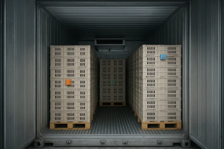 Interior view of a reefer container showing correct logger placement: one near the supply‑air bulkhead, one mid‑load, and one near the doors, with pallets spaced off walls and the T‑floor and air baffle unobstructed.