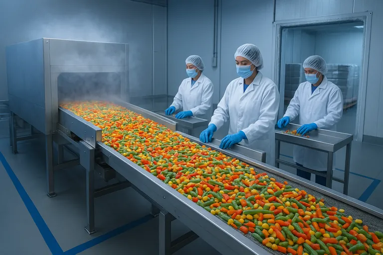 Линия переработки IQF замороженных овощей с работниками в защитной одежде и явно разделёнными потоками продукта внутри холодного упаковывающего предприятия.