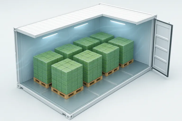 Isometric cutaway of a 20-foot reefer showing single-stacked Euro pallets arranged with clear airflow gaps, T-floor channels, and door clearance for chilled vegetables.