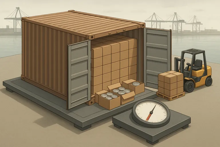 Isometric cutaway of a 40-foot high-cube container packed floor-to-ceiling with cartons of canned tuna on an industrial scale showing a near‑maximum load, with a forklift and pallet beside it at a port.