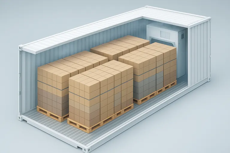 Isometric cutaway of a 40-foot high-cube refrigerated container showing a palletized load of uniform cartons arranged in two rows with clear side airflow gaps; pallets feature 2–3 color-blocked carton layers per pallet separated by thin slip-sheets, with heavier-looking cartons placed low and toward the refrigeration unit nose.