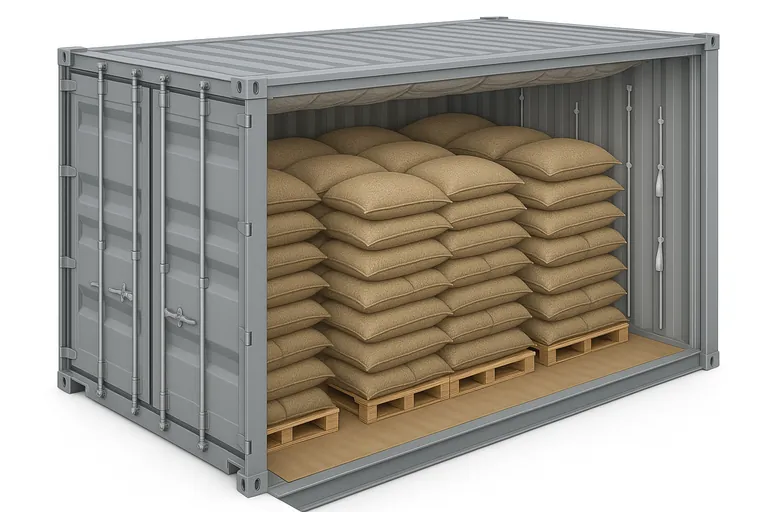 Isometric cutaway of a container interior showing correct coffee bag loading: palletized and cross‑stacked sacks, air gaps from steel walls, kraft paper on the floor, a roof liner under the ceiling, and desiccant poles along the walls with a clear center aisle.