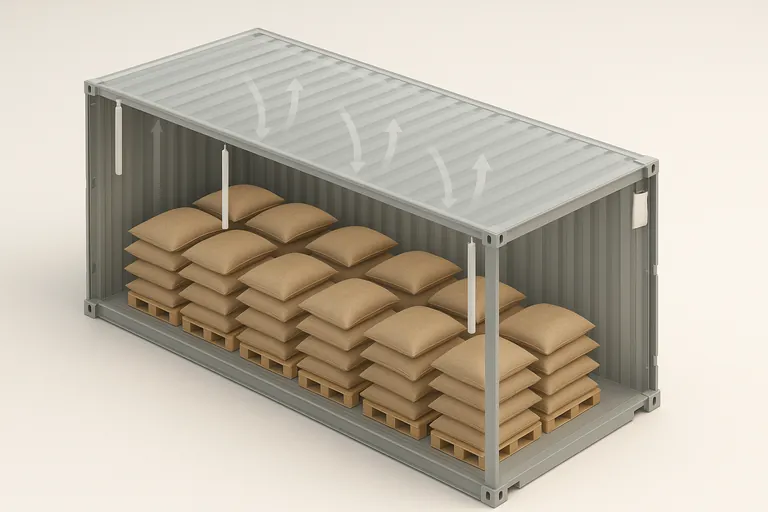 Isometric cutaway of a container showing coffee sacks on pallets with small gaps to the sidewalls, desiccant poles hung high and evenly along both top side rails, plus extra short bags at the door header and front bulkhead, illustrating airflow and drip interception.