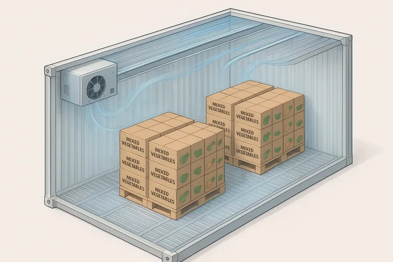 等角投影の冷蔵コンテナ内断面図。混載野菜カートンが整然と配置されたパレットと中央通路、壁と天井に沿った明確な気流ギャップを示す。