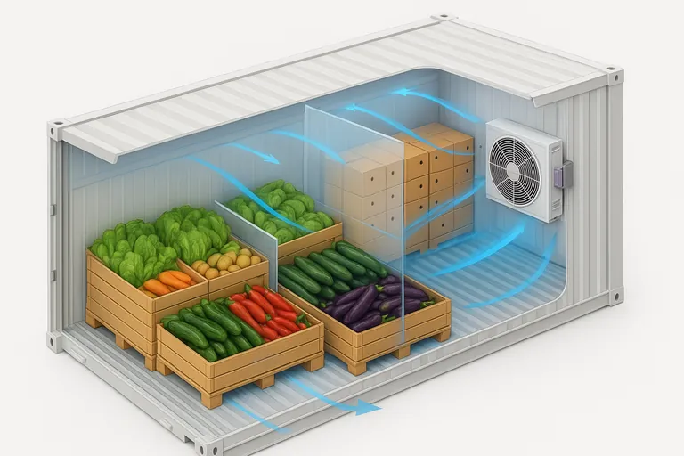 Isometric cutaway of a refrigerated container showing optimal mixed-vegetable loading: cold-tolerant pallets positioned far from the front-wall supply air, chilling-sensitive pallets kept off the deck near the front wall, a one-pallet buffer and clear partition between producer and sensitive groups, carton vents aligned front-to-back, small filter cassettes near the return-air path, sachets visible inside open cartons, and a clear gap below the ceiling for airflow.