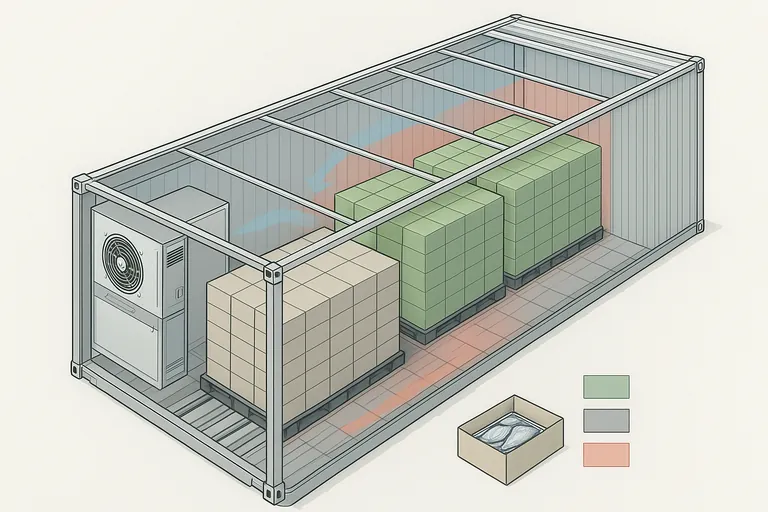 Isometric cutaway of a refrigerated container showing pallets of seafood cartons, airflow channels, and unused space that reduces net sellable kilograms.
