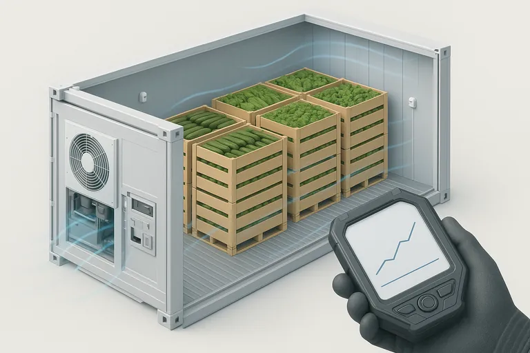 Isometric cutaway of a refrigerated shipping container loaded with pallets of cucumbers and romaine, showing cold air circulation as soft blue airflow and discreet temperature sensors, with a gloved hand holding a handheld device that displays a simple temperature graph.
