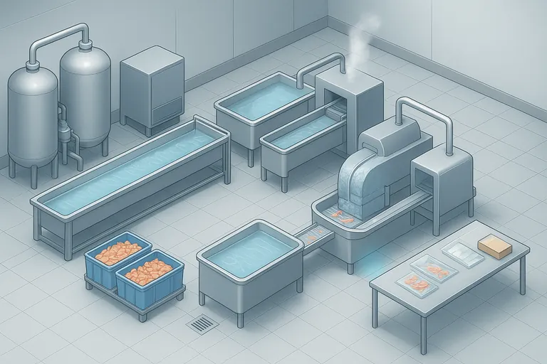 受入れから梱包までのラインを示したエビ工場フロアの等角断面図。給水および氷システム、ブラインタンク、ブランチャー、グレージングを備えたIQFフリーザー、梱包エリアに色分けでハイライトを入れ、ハラール重要ポイントを示した図。