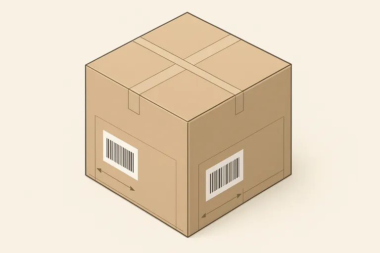 Isometric diagram of a corrugated vegetable carton showing two barcode stickers on adjacent sides in the lower half, with clear space from edges and away from seams or straps.