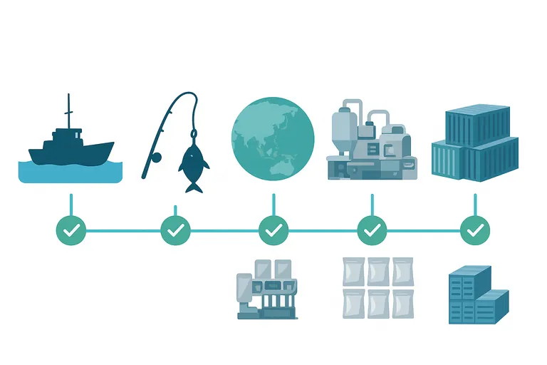 Isometric flow diagram of a tuna supply chain: vessel, fishing gear, highlighted ocean zone, cannery equipment, finished pouches, and shipping containers connected by lines and checkmarks to depict mapping of SIMP key data elements.