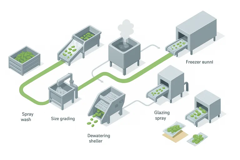 Isometric flow illustration of edamame processing from raw pods through wash, blanch, shelling, sorting, freezing, glazing, to bagged kernels, with thinner side streams for rejects and loss.