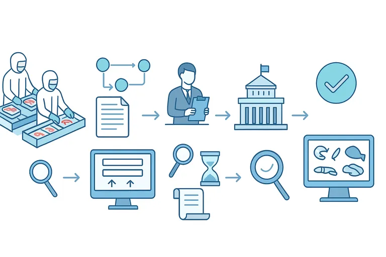 Isometric flow illustration summarizing the CIFER modification process: factory and documents moving to an Indonesian authority review, then through an online portal to a Chinese authority review, showing upload, review, return, and approval icons.