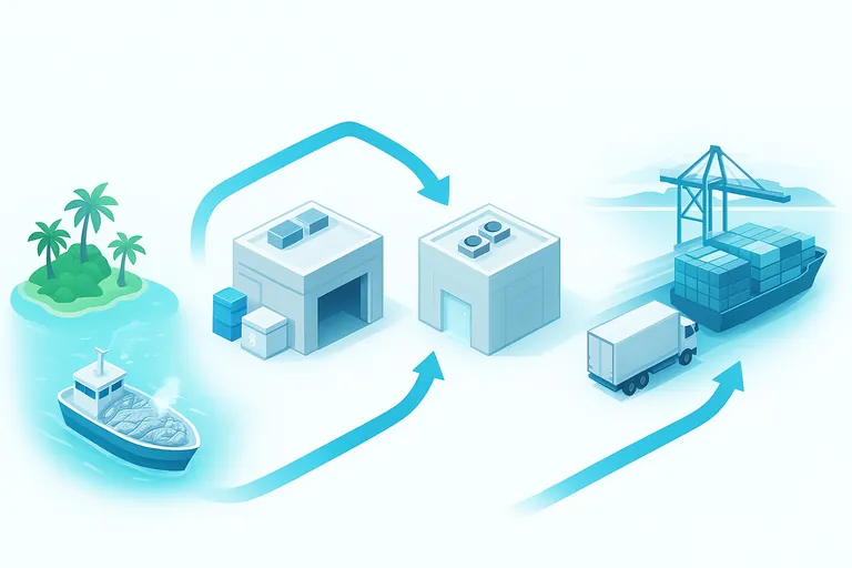인도네시아에서 그레이트브리튼으로 이어지는 등축(아이소메트릭) 지도 스타일 흐름: 열대섬 인근의 냉동 어선, 현대적 가공공장으로 이동하는 제품, 그 다음 제3자 냉동창고, 냉동 트럭과 컨테이너선, 영국 항구 도착—파란색 화살표가 콜드체인 순서를 강조합니다.