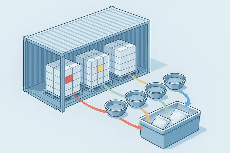 20フィートコンテナ内部の等角図。カートンパレットからランダムに選ばれたカートンがハイライトされ、矢印が5つの色分けされたサブコンポジットボウルへ導き、そこからドライアイス上の2つの大きな封印済みコンポジット袋に合流する様子の模式図。