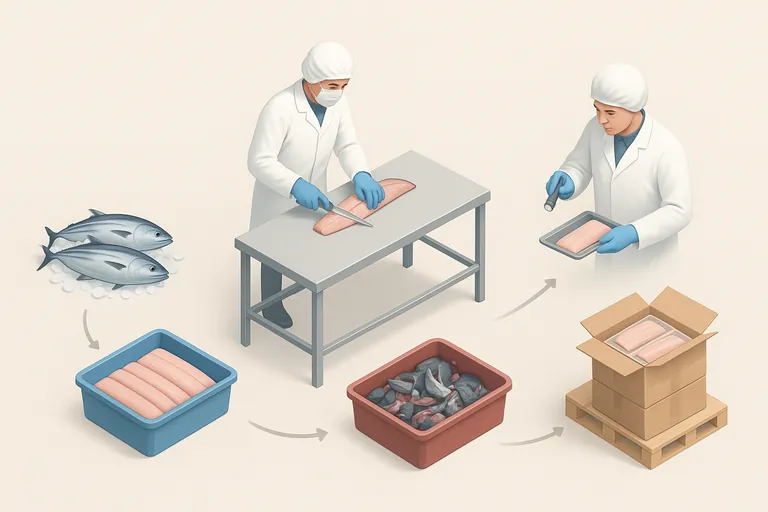 Isometric sequence from whole skipjack on ice through trimming and quality checks to vacuum-packed loins on a pallet, with arrows and separate bins for finished loins and byproducts to illustrate yield.