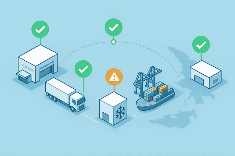 ইন্দোনেশিয়ান সীফুড প্ল্যান্ট থেকে তৃতীয়‑পক্ষ কোল্ড স্টোরেজ ও বন্দর হয়ে যুক্তরাষ্ট্রে যাওয়া আইসোমেট্রিক সাপ্লাই চেইন ম্যাপ; নিবন্ধিত নোডগুলো সবুজে দেখানো এবং মিস করা স্টোরেজ নোড অ্যাম্বারে হাইলাইট করা হয়েছে