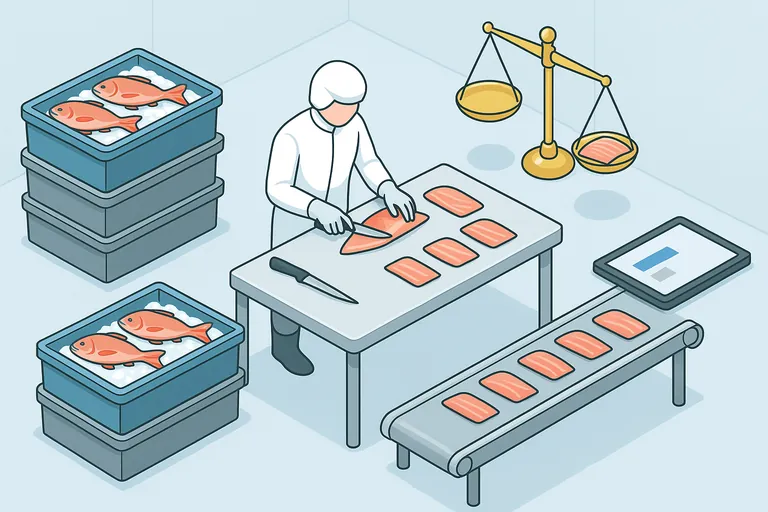 Isometric visual of two streams of fish—blue-crated and gray-crated—being processed into fillets that merge, with a balance scale and simple unlabeled bars indicating the portion that can be claimed versus total output.