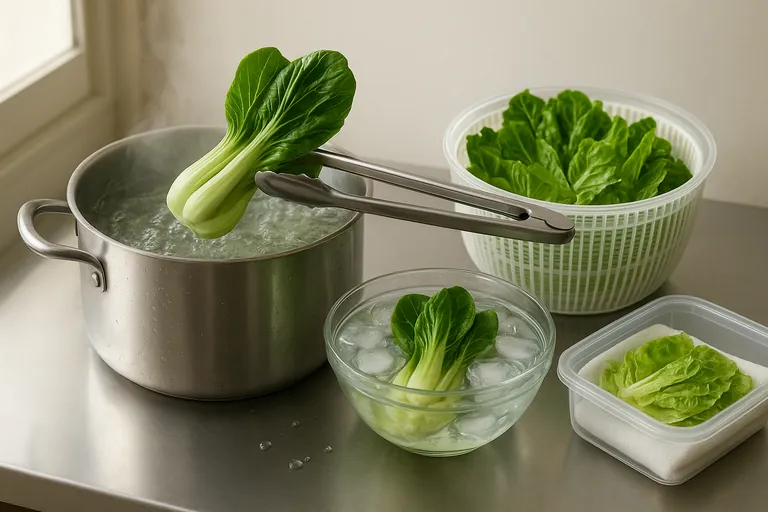 Kitchen prep scene showing Asian greens being blanched and shocked: tongs move bright green pakcoy from a pot of boiling water into an ice bath beside a salad spinner and a clear lidded container lined with a towel holding crisp baby romaine.