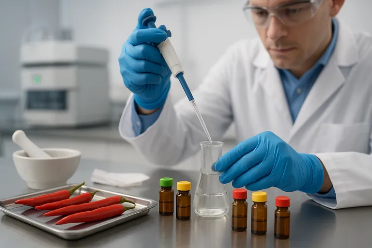 एक स्वच्छ खाद्य सुरक्षा लैब में लेब टेक्नीशियन छोटे वायल्स में मिर्च का अर्क पिपेट कर रहे हैं, स्टेनलेस ट्रे पर लाल मिर्च रखी हैं और पृष्ठभूमि में LC–MS उपकरण दिख रहे हैं।