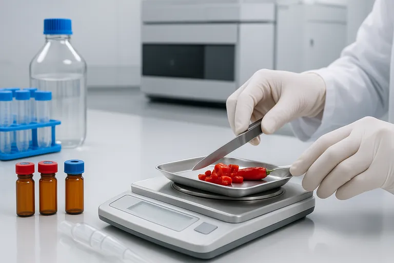 Lab technician preparing chili samples for pesticide residue analysis: gloved hands weigh diced red chilies on an analytical balance beside amber autosampler vials and a micropipette, with an LC–MS/MS instrument in the background.