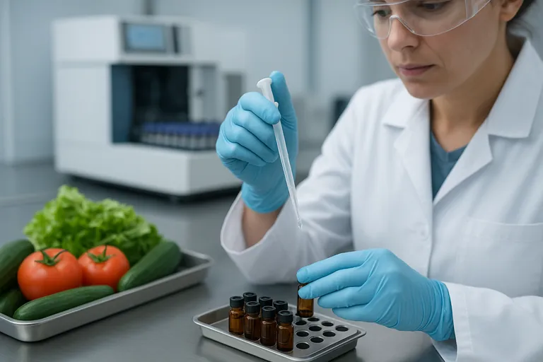 Laboratory technician prepares pesticide residue tests beside a mass spectrometry instrument, with fresh vegetables and sample vials on a stainless table