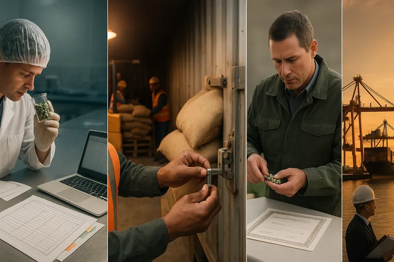 Left-to-right montage of the pre-shipment timeline: lab testing coffee for COA, drafting invoice and packing list, stuffing and sealing a container, phytosanitary inspection of samples, and a vessel departing from port.