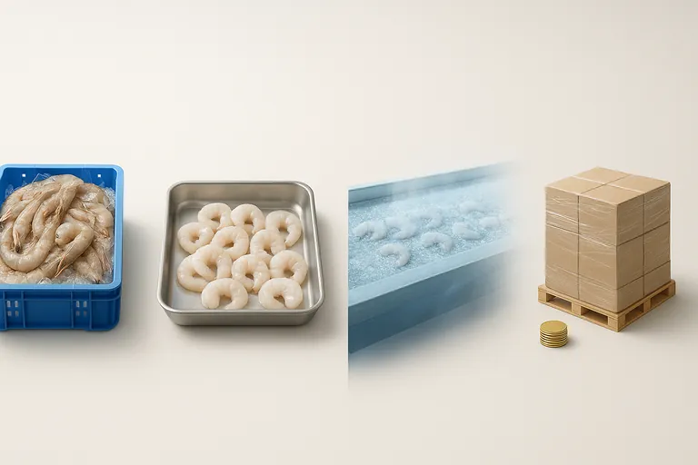 Left-to-right sequence showing whole head-on shrimp on ice, then peeled tail-off shrimp on a tray, followed by an IQF freezing belt with fine glaze mist, ending with stacked coins beside a pallet of plain cartons, visually conveying the journey from raw HOSO to finished PND net cost.