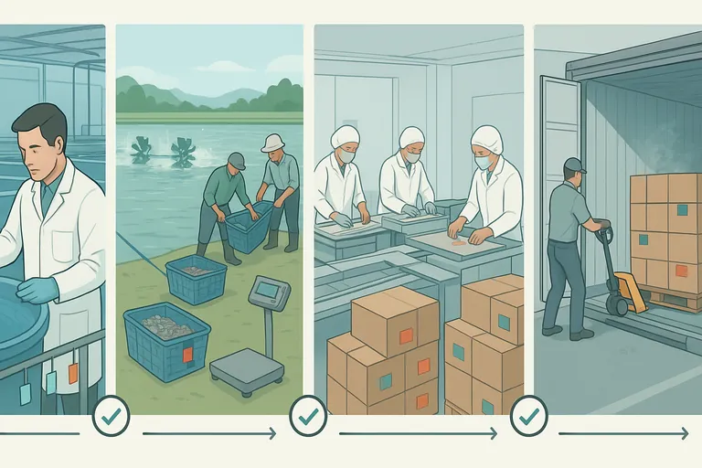 Flujo visual de izquierda a derecha de la cadena de custodia del camarón: técnico de incubadora junto a tanque circular, cosecha desde un estanque aireado sobre una balanza, línea de procesamiento con glaseado y empaque, y cajas paletizadas cargadas en un contenedor refrigerado, todas vinculadas por flechas y etiquetas codificadas por color para implicar continuidad de lote.