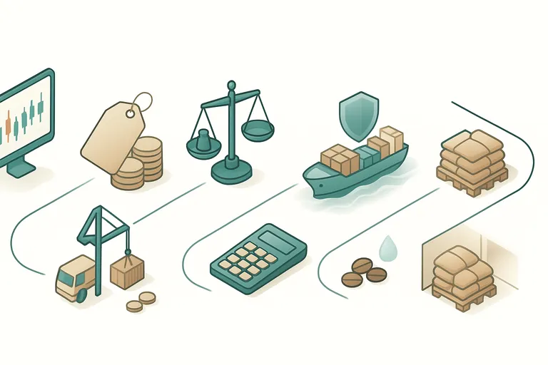 বাঁদিক থেকে ডানদিকে ভিজ্যুয়াল পাইপলাইন: জ্বলজ্বল করা চার্টে ফিউচার্স মূল্য, কয়েনের স্তূপের উপর দাম ট্যাগ, ইউনিট রূপান্তর নির্দেশ করে এমন এক্সিলিব্রিয়াম তোলার স্কেল, বীমা শিল্ডসহ একটি কার্গো জাহাজ, ক্রেন ও ট্রাক সহ পোর্ট হ্যান্ডলিং, কফি বীনের সাথে ক্যালকুলেটর এবং আর্দ্রতা বাষ্পীভবনের মাধ্যমে শিঙ্ক দেখাতে, শেষে বোরল্যাপ স্যাকে ভর্তি গোডাউন প্যালেট